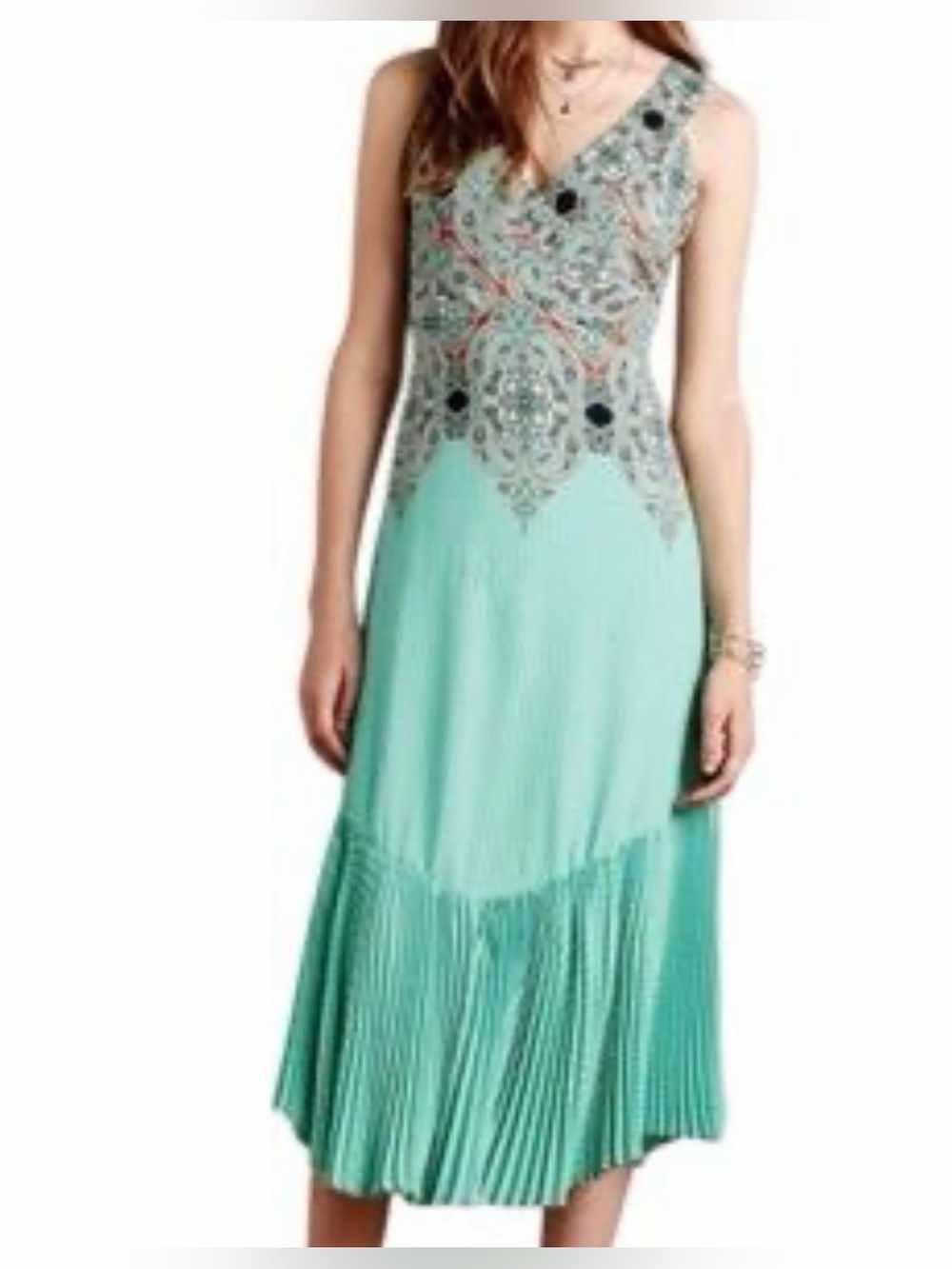 Anthropologie Mint Embellished V-Neck Pleated Midi Dress